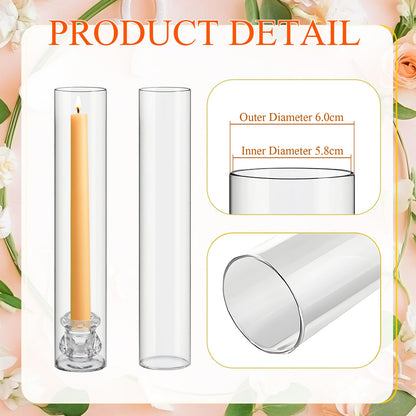 Teenyyou 12 Set Glass Hurricane Candle Holders Bulk 12.6" Open Ended Glass Candleholder Tube Shape Bottomless and 2.2" Taper Clear Candlestick Holders for Wedding Table Centerpiece (Clear)
