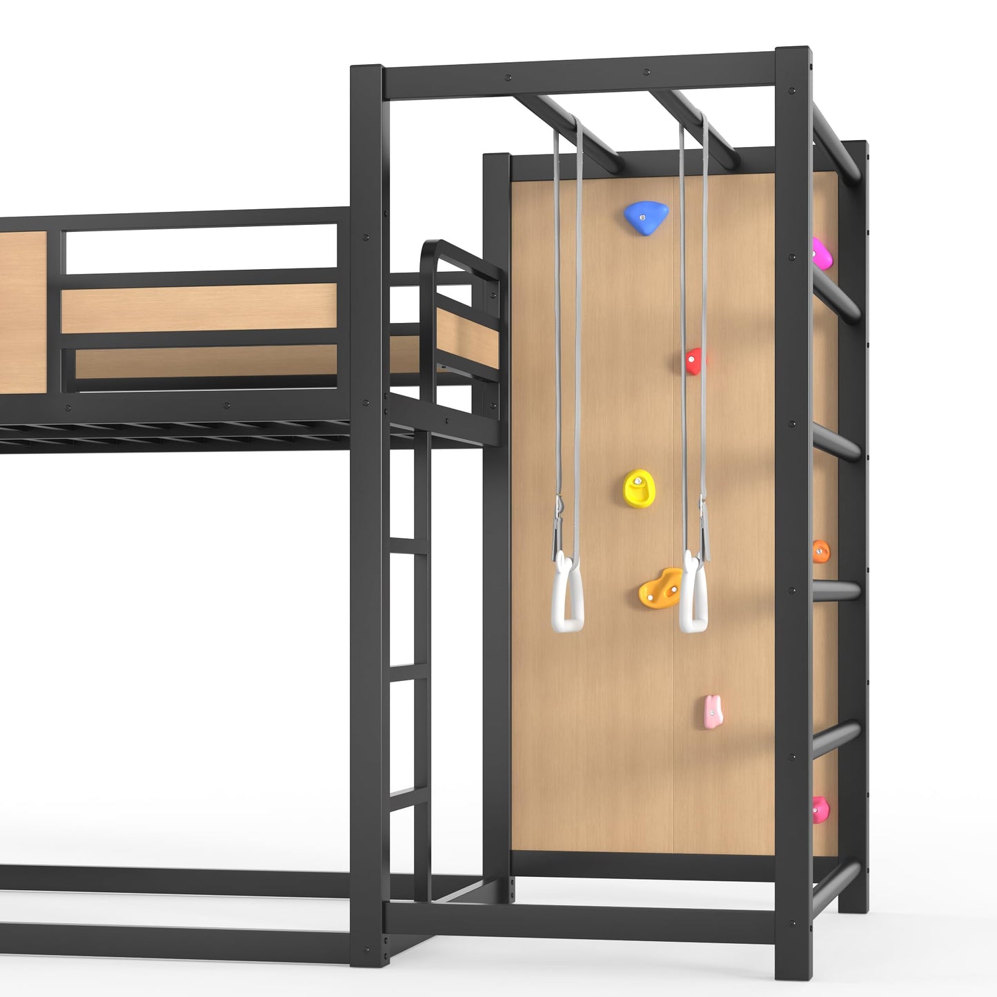 Bellemave Metal Twin Over Twin Bunk Bed Frame with Slide,Twin Size Floor Bunk Bed and Basketball Hoop,Pull-up Rings and Climbing Wall,Heavy Duty Bunk Beds with Bookshelves for Kids Girls Boys,Natural