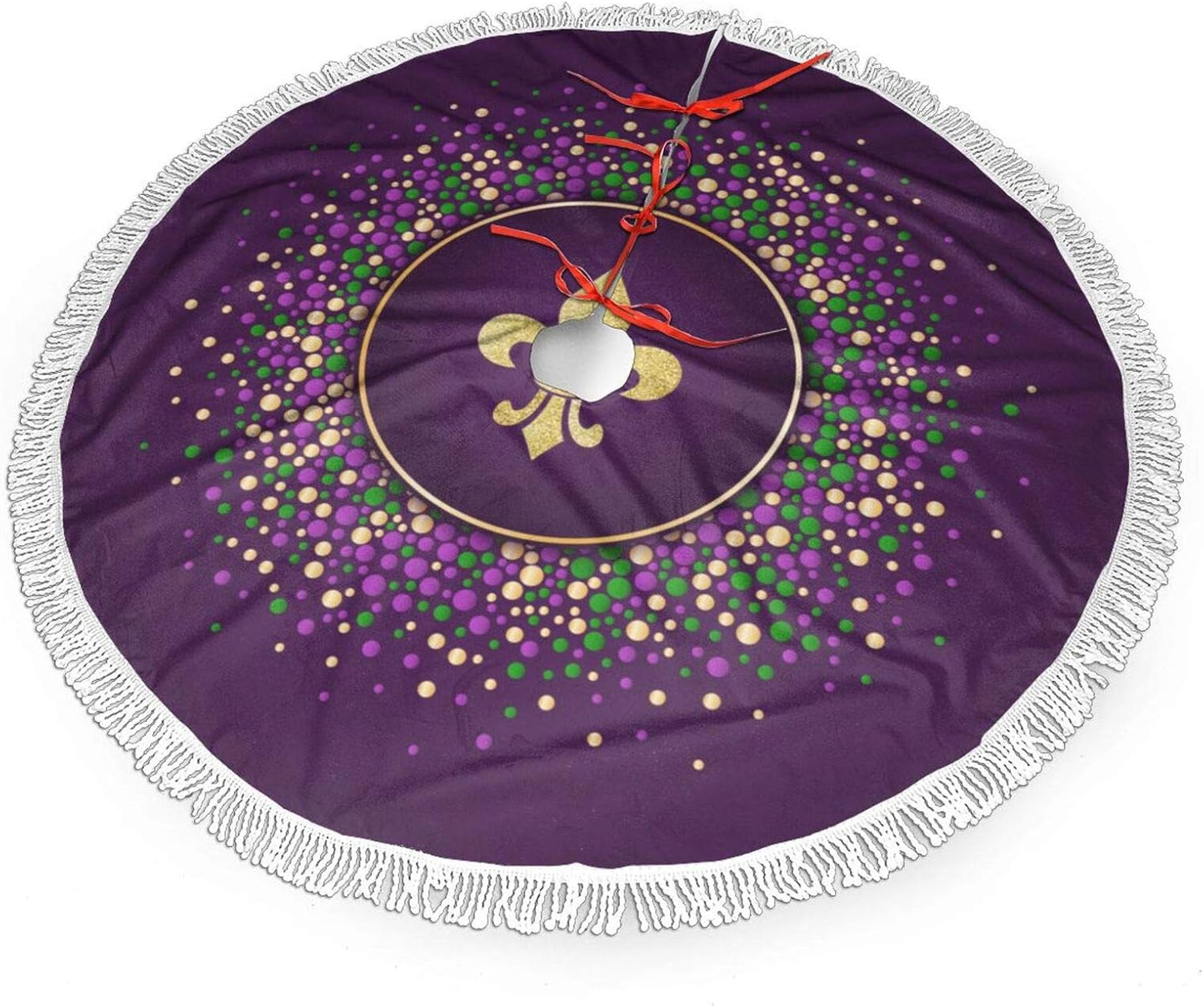 FREEHOTU Mardi Gras Christmas Tree Skirt - Purple Gold Fleur De Lis with Gorgeous Edge Tassel Lace for 48" Ornaments