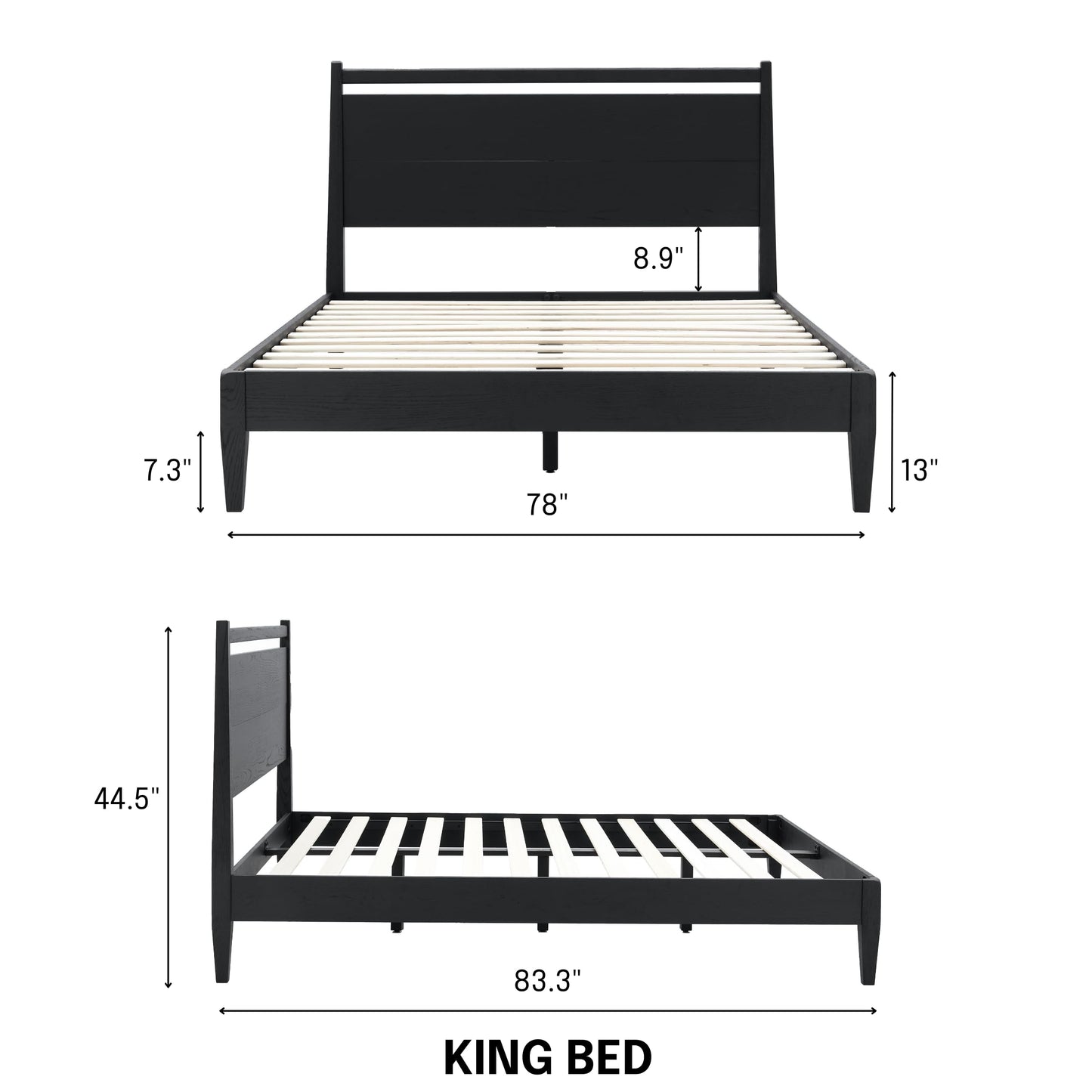 NTC Adept Wooden Bed Frame with Headboard, Solid Oak and Rubber Wood Foundation with Silent Slats and Wood Central Supports, 1000 Lb Capacity, Effortless Assembly, King - Burnt Black