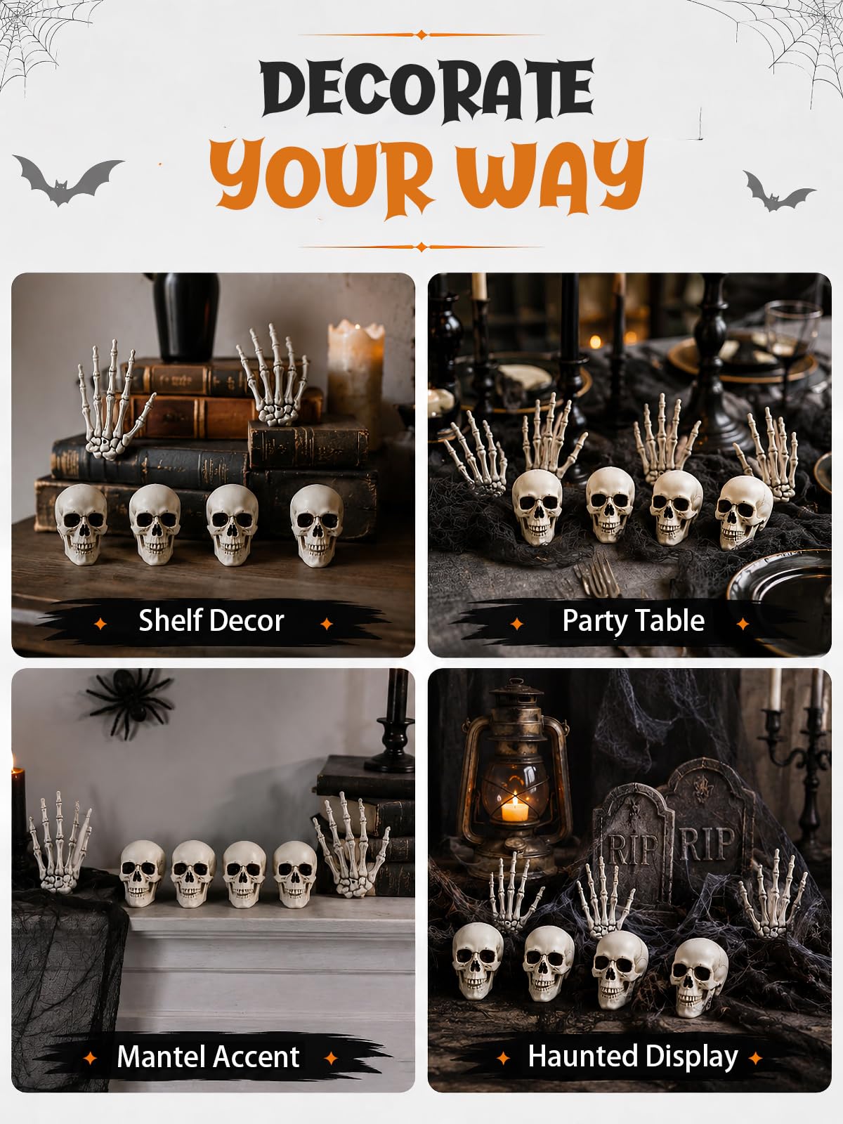 Sivlnian Halloween Skull Decorations Set, 8 Pack Skeleton Heads with Hands, 4.3 Inch Miniature Human Skull Heads, Spooky Haunted House Props for Halloween Party, Yard and Indoor Decorations, Plastic