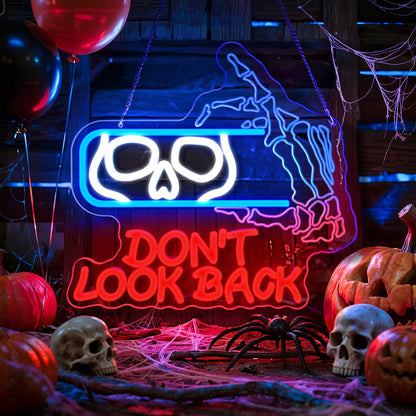Astuddy Halloween Skull Neon Sign – “Don’t Look Back” LED Neon Wall Light with Skull and Bone Hand Design,USB Powered Spooky Neon Decor for Haunted House,Bar,Bedroom,Man Cave,Halloween Party