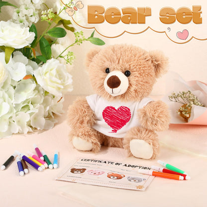 HyDren 15 Pcs Make Your Own Stuffed Animal Bear Kit DIY Adopt and Stuff Kit 10 Inch Soft Bear Plush White T Shirt Adoption Card DIY Brush for Birthday Personalized Gifts