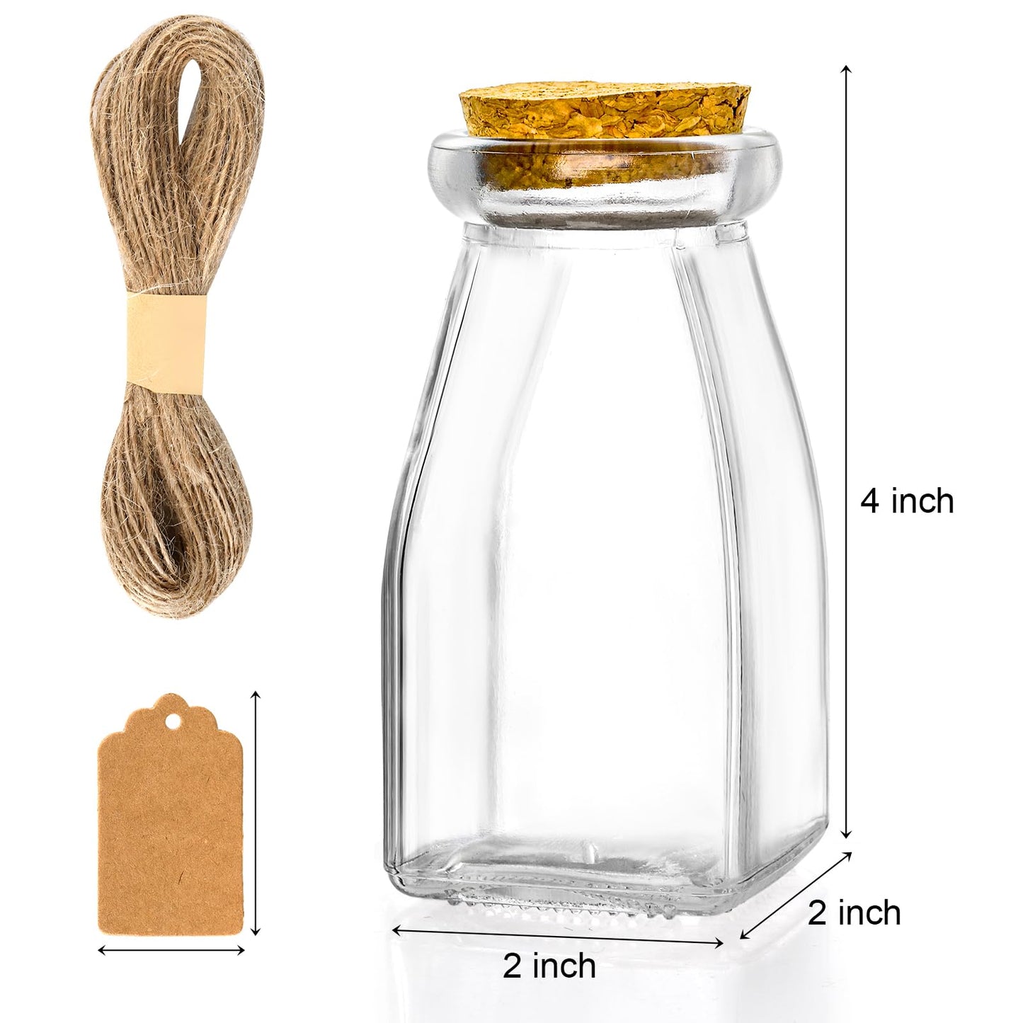 yarlung 30 Pack Glass Favor Jars with Cork Lids, 4 OZ Clear Small Candy Jars Set Square Decorative Bottles for Thanksgiving Gift, Christmas, Baby Shower Wedding Party Favor, Brown Labels and Strings