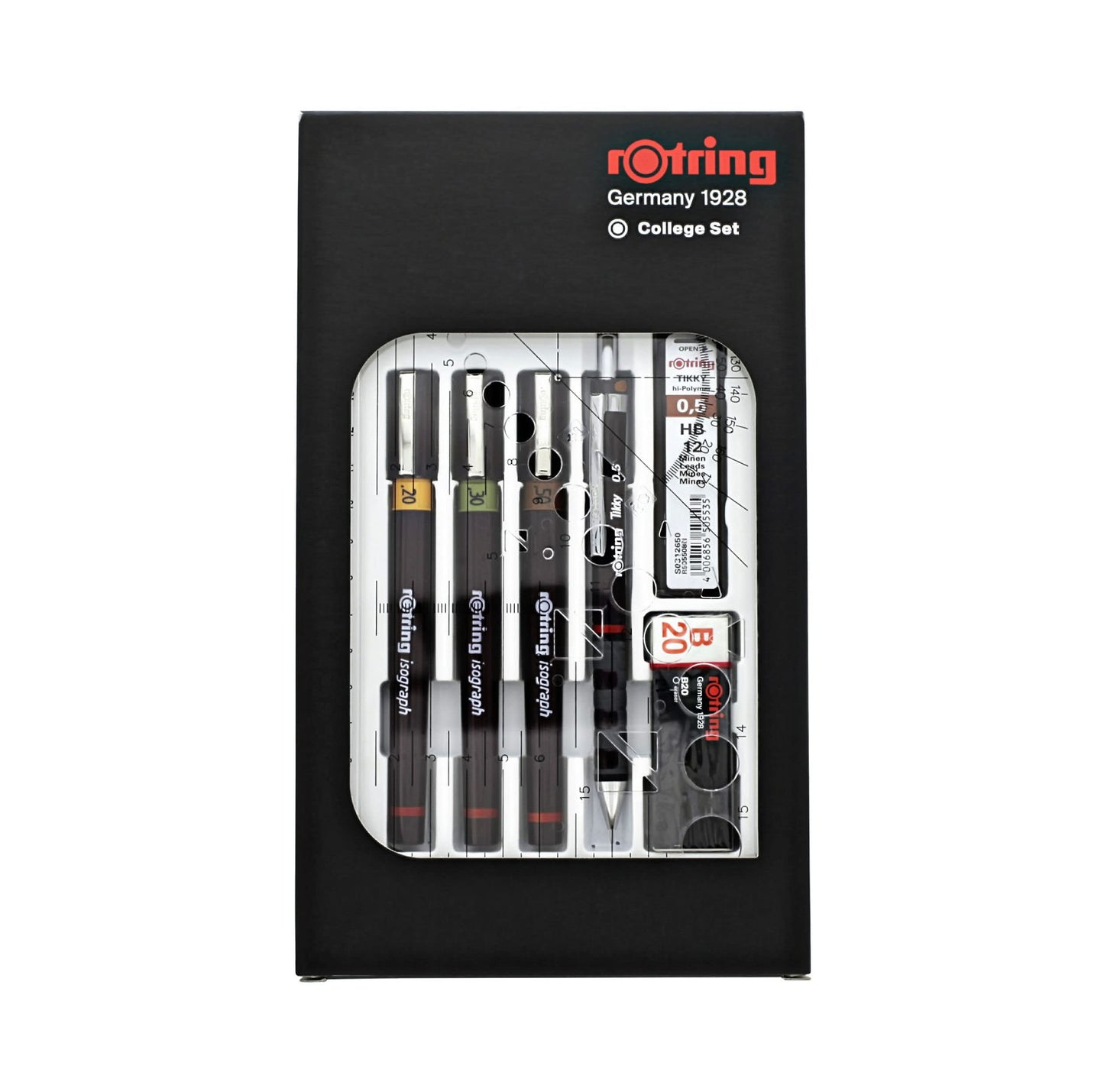 rOtring Isograph Technical Drawing Pen College Set, (0.20, 0.30, 0.50 mm), Includes Pens, Pencil, Eraser, and More - Designed for Precision