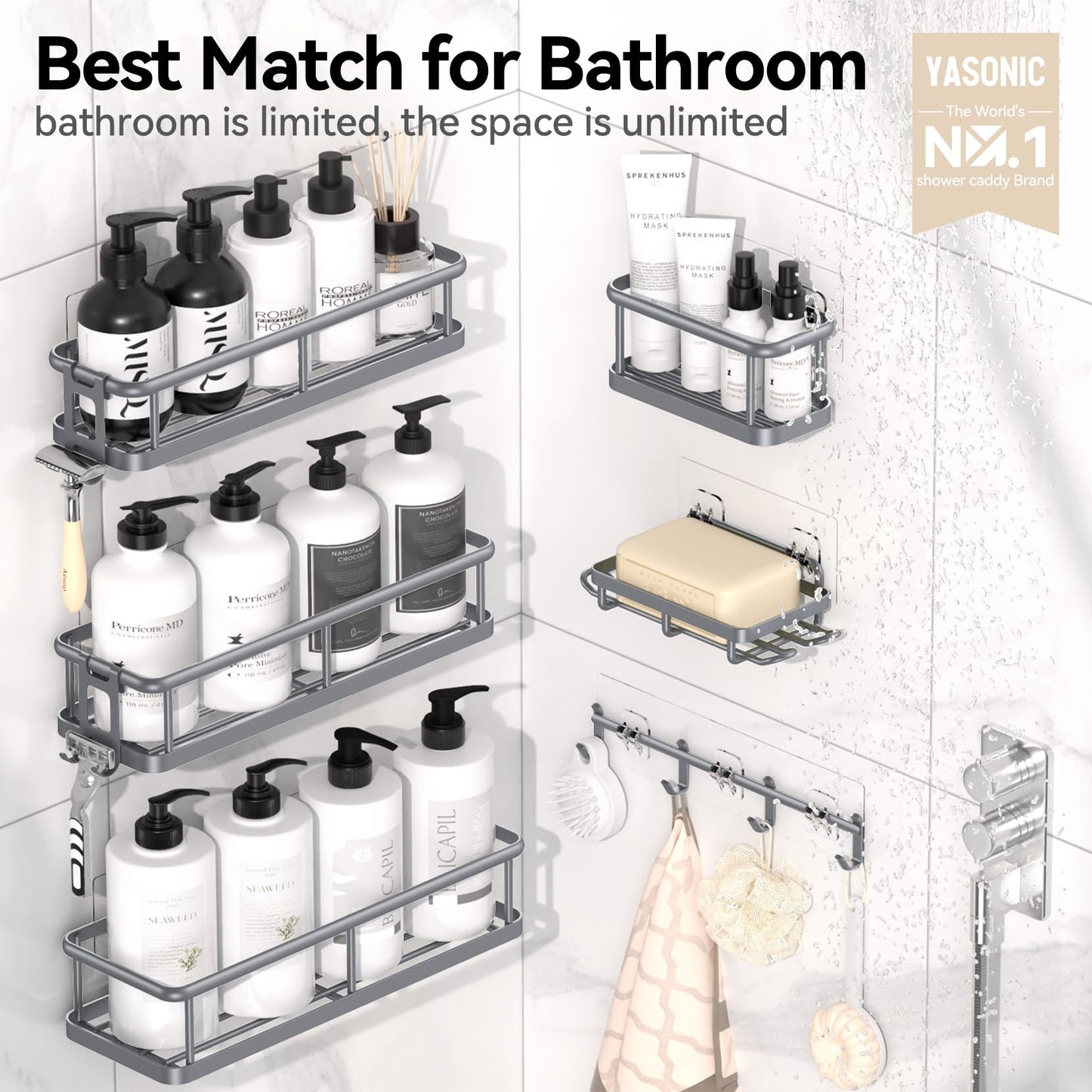 YASONIC Shower Caddy, 100% Rustproof Shower Shelves for Inside Shower, No Drilling Bathroom Organizers and Storage, 6 Pack Large Capacity Bathroom Shelves for Kitchen & Home Decor