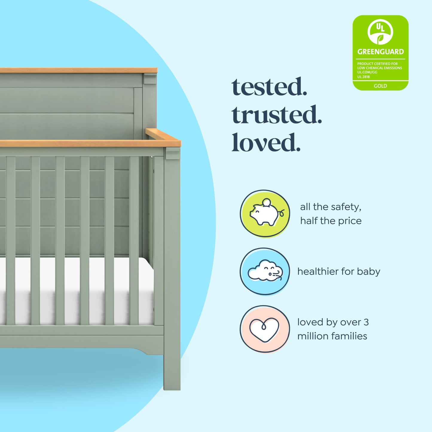 Davinci Shea 4-in-1 Convertible Crib in Light Sage and Honey, Greenguard Gold and FSC® Certified