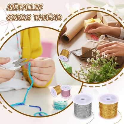 HARFINGTON 4 Roll 0.8mm Metallic Cords Thread,12 Ply Metallic Ornament Twine Non Stretch Tinsel String Rope for Jewelry Making Gift Wrapping, Pink/Purple/Red/Rose Red, 109.36Yards Total