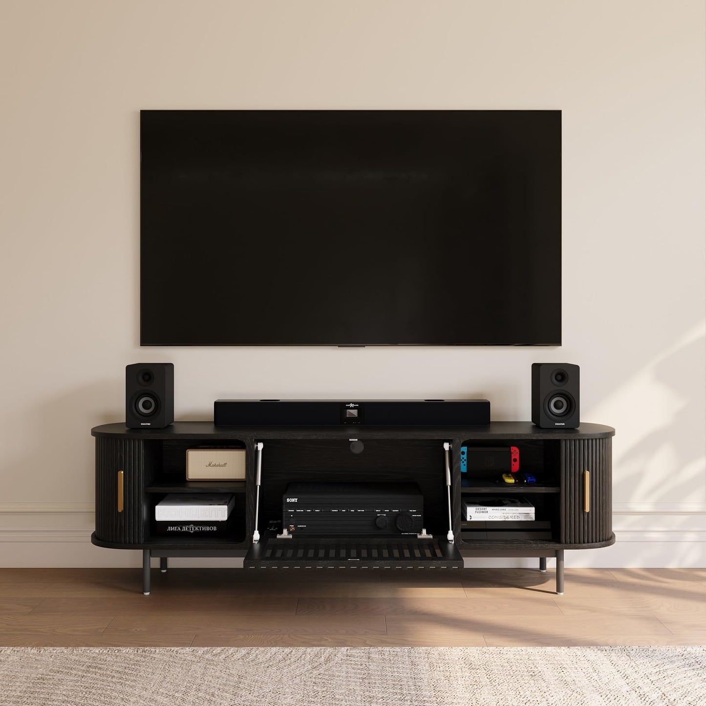 POVISON Fully-Assembled Mid Century Modern TV Stand for 65 inch TV, Sliding Door Entertainment Center with Storage, Wood TV Console, Media Console for Living Room Bedroom(Black, 70.87")