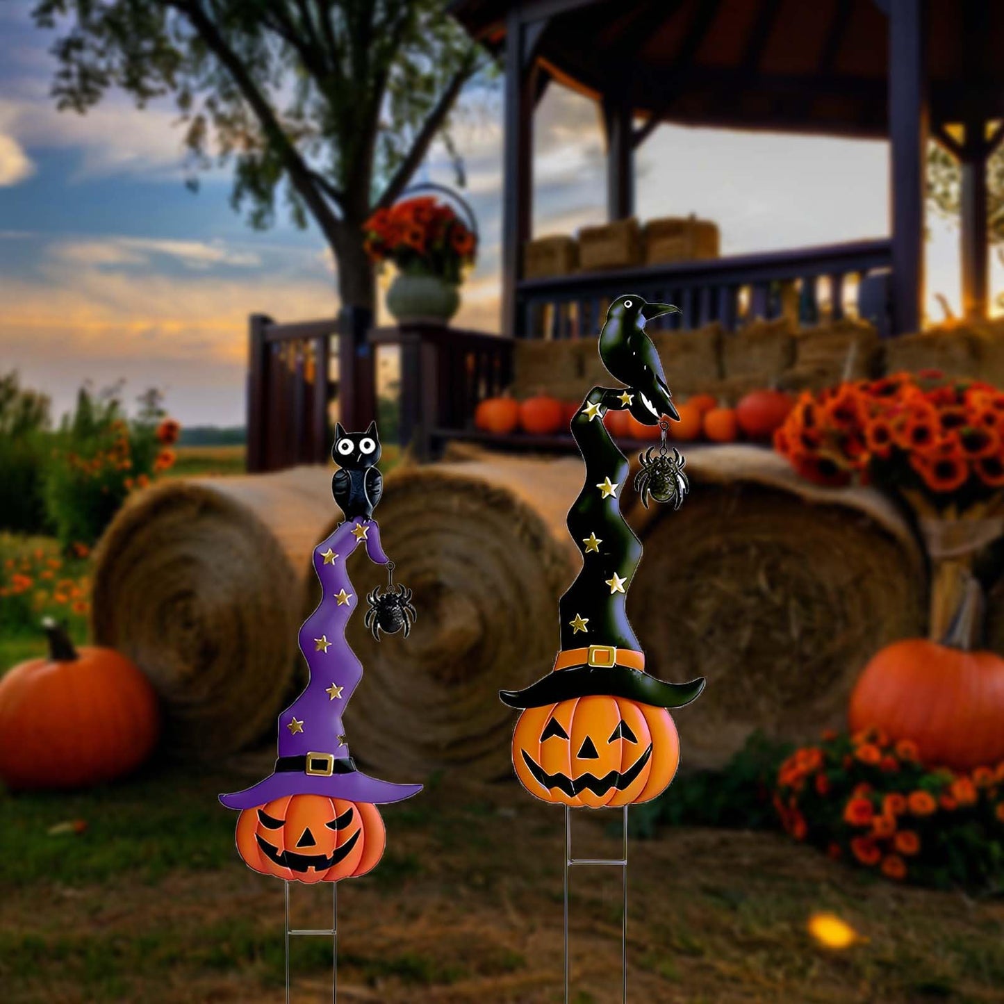 2 Pack Halloween/Thanksgiving Garden Decorations, Metal Jack-O-Lantern Stakes with Witch Hats, Scary Yard Sign Outdoor Lawn Decor, Metal Pumpkin Outdoor Halloween Yard Signs
