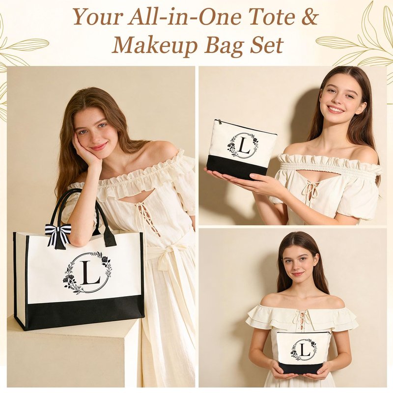 Birthday Gifts for Women, 10pcs Monogrammed Gifts for Women Initial Canvas Tote Bag, Makeup Bag, Glass Cup, Hair Clip, Candle Basket Birthday Personalized Gift for Her Woman Mom Wife Friend Teacher, L