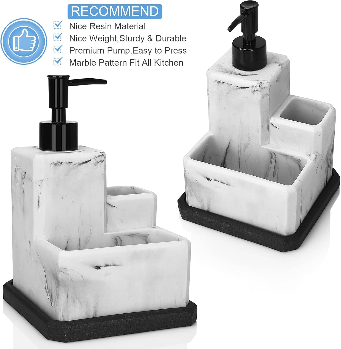 LeucSuiok 3 1 Soap Dispenser with Sponge Holder and Brush Holder,White Marble in Liquid Hand Dish Soap Dispenser