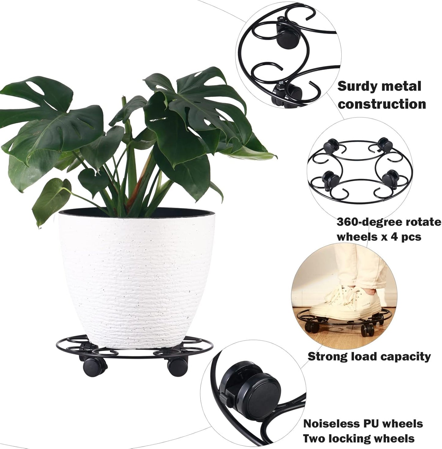 3 Packs 12.8" Metal Plant Caddy With Wheels - Large Rolling Stands Heavy-Duty Wrought Iron Roller Base Pot Movers