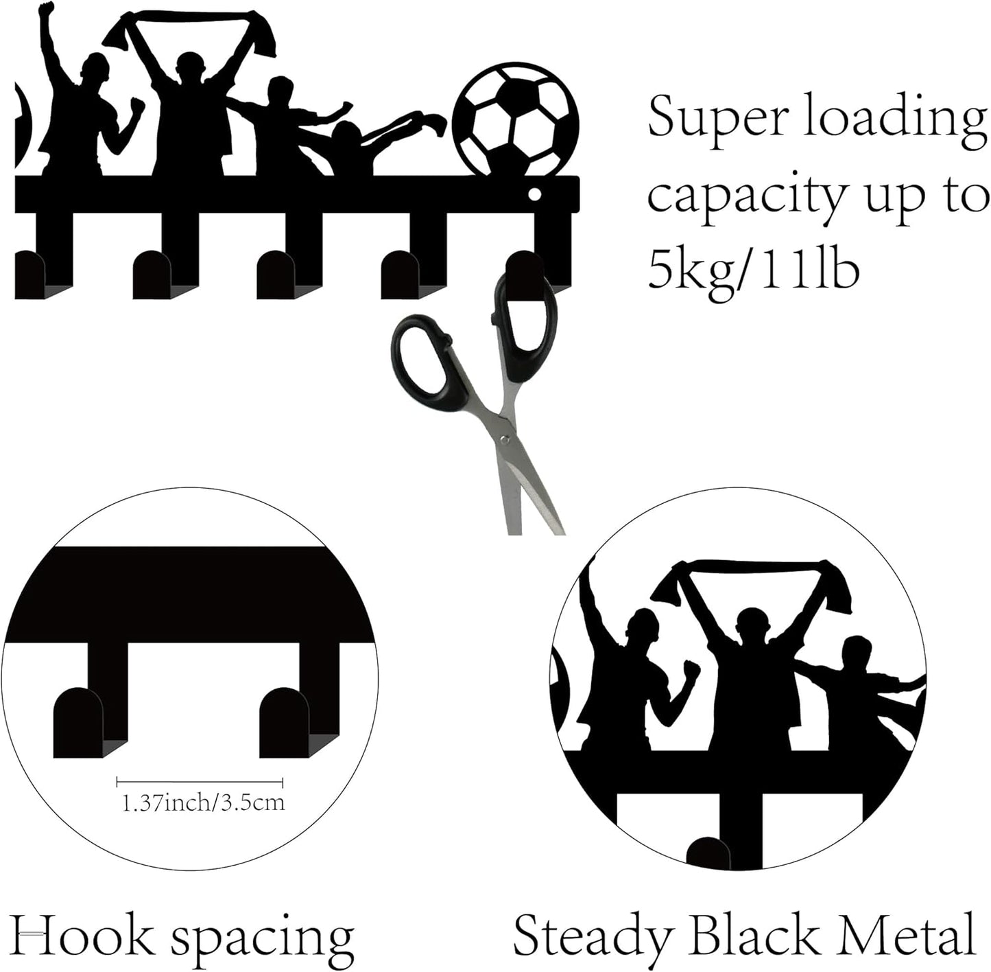 CREATCABIIN Football Key Holder, Wall Mounted Metal Welcome Home Decoration with 6 Hooks (5.1x10.6 Inch, Black)