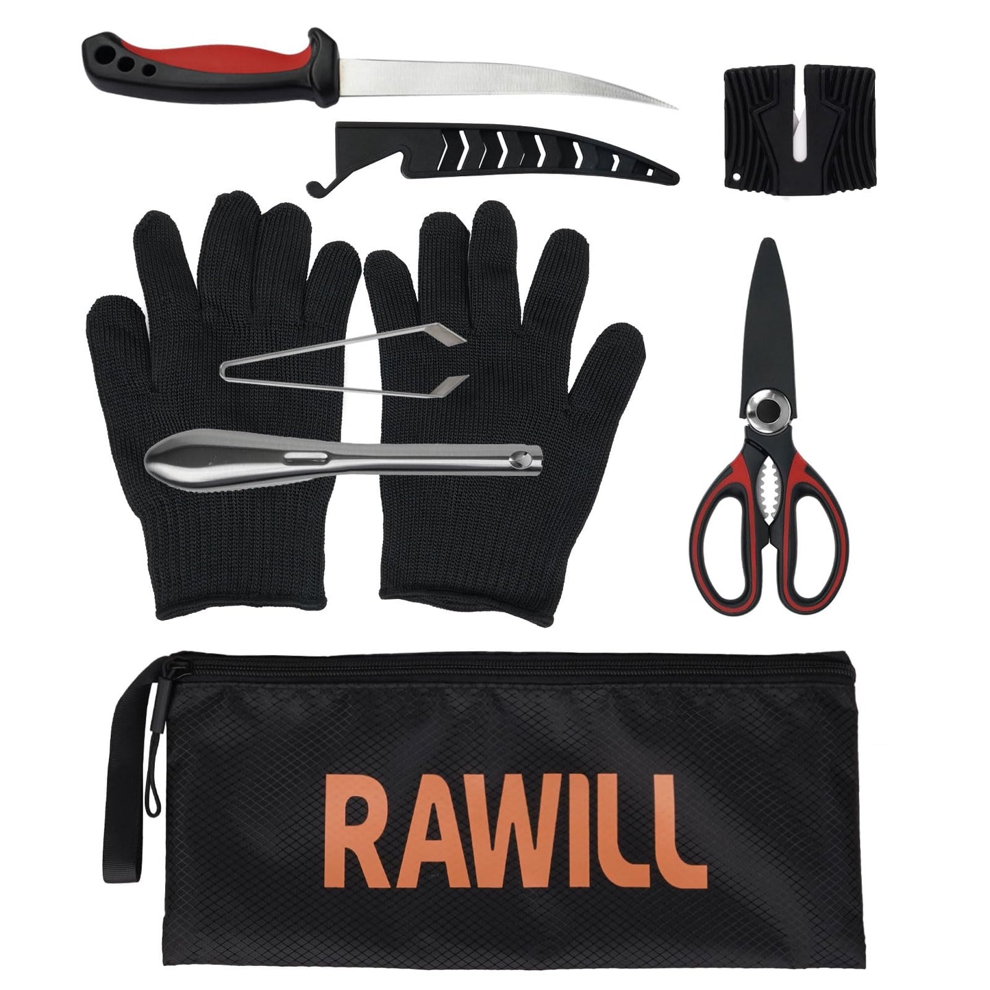 RAWILL Fish Cleaning Kit 7pcs with Fillet Knife for Fish, Cut-Resistant Gloves, Fishing Scale Brush, Fishbone Twaeezers, Multi-Purpose Scissors, Knife Sharpening Stone with Storage Bag