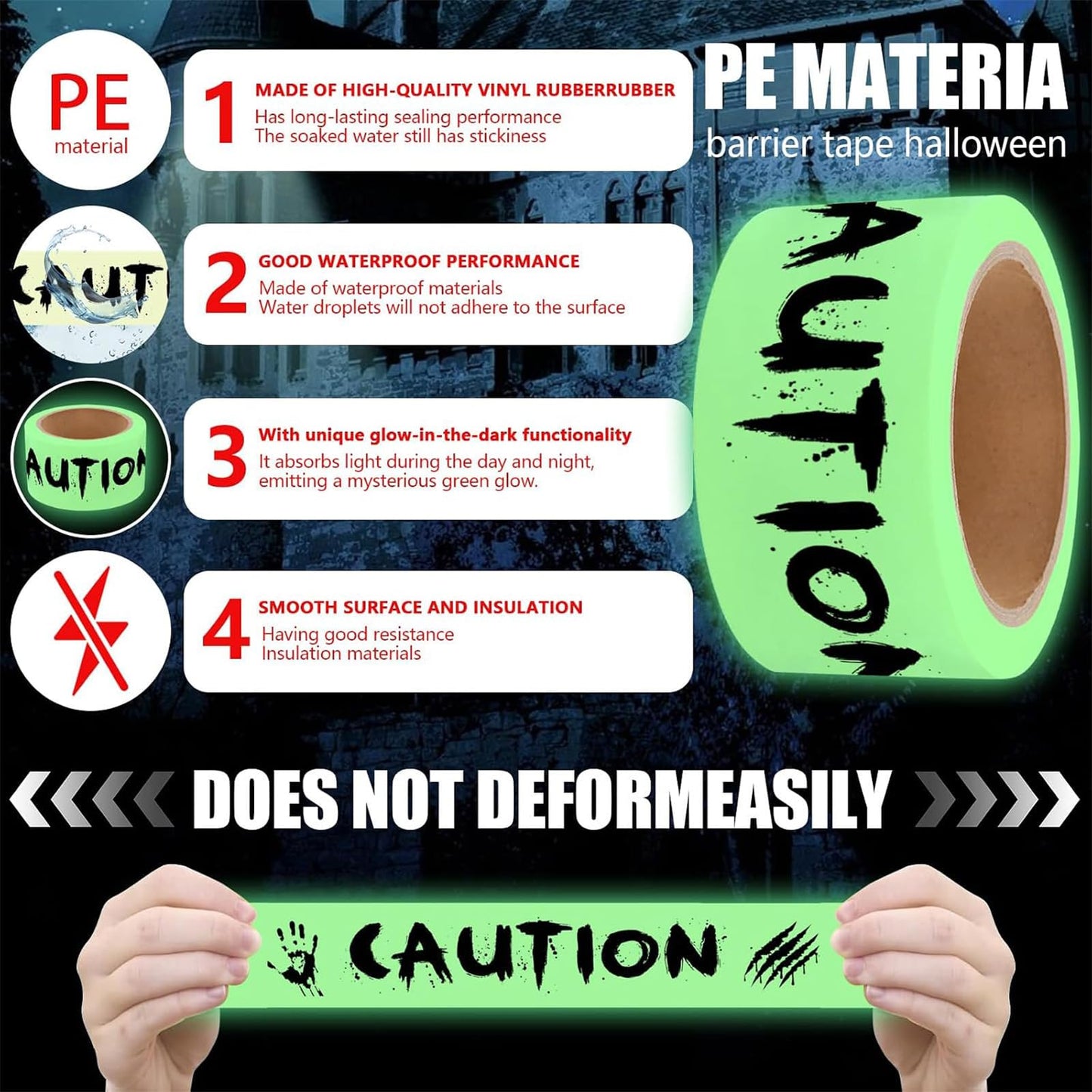 Zeptrix Glow in The Dark Halloween Decorations Caution Tape 2inx32.8ft Scary Warning Glow Tape Roll Indoor Outdoor Barricade Safety Night Decor Spooky DIY Home Party Door Danger Zones Office Yard