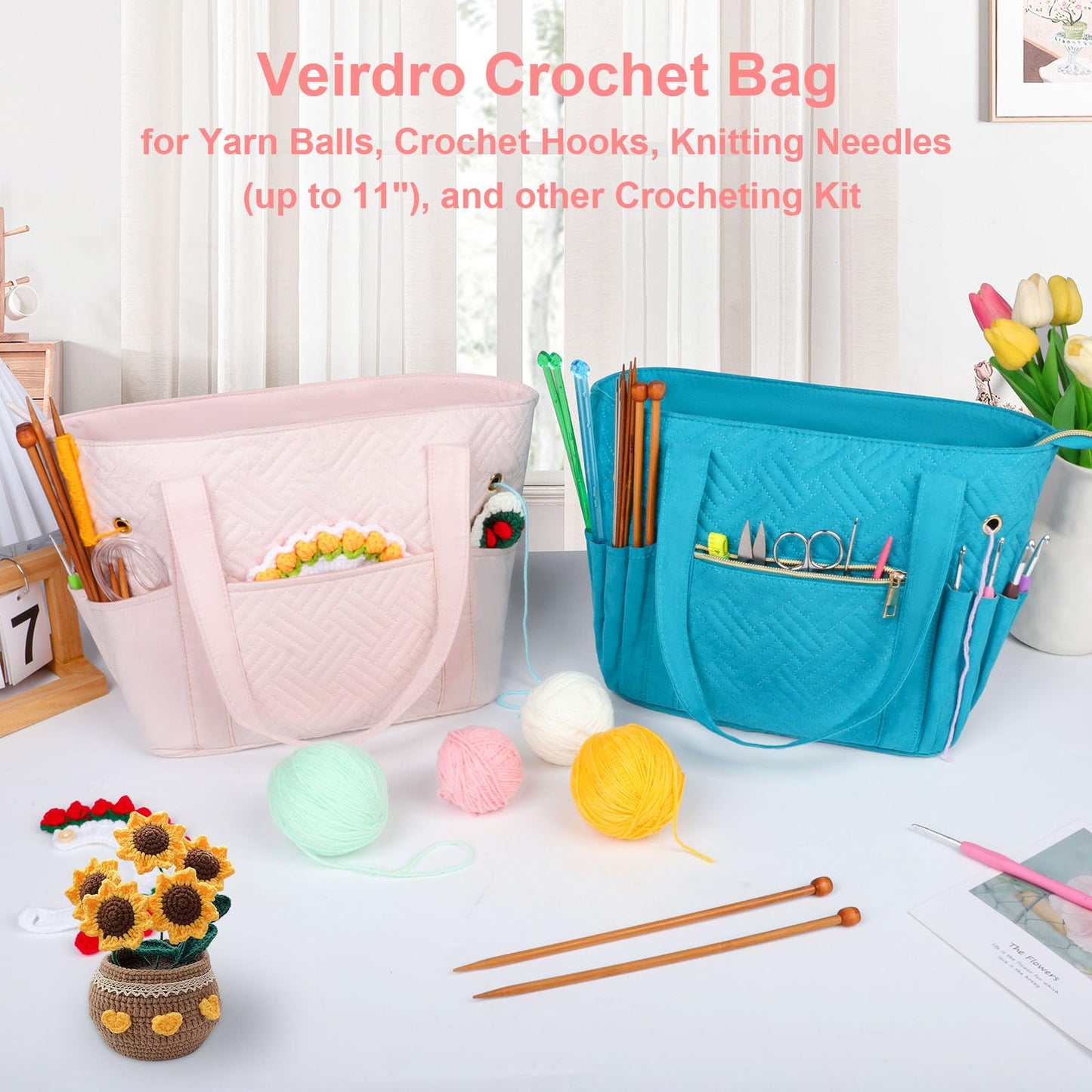 Veirdro Crochet Bag Organizer for Yarn Storage, Velvet Knitting Tote Bag with Double Handle for Crochet Accessories, Portable Travel Case for Yarn Balls, Crochet Hooks& Knitting Needles Holder (Pink)