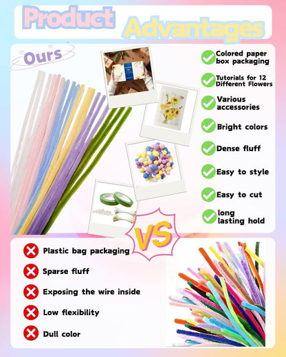 YYUENGTAK 500 Pcs Pipe Cleaner Flower kit with tutoria,Pipe Cleaners Craft(6 Colors)，Chenille Stems Flowers Craft kit with 20 pcs Green Floral Wires,Gardening Tape,Stamen(2 Colors),Pearl Beads,pompoms