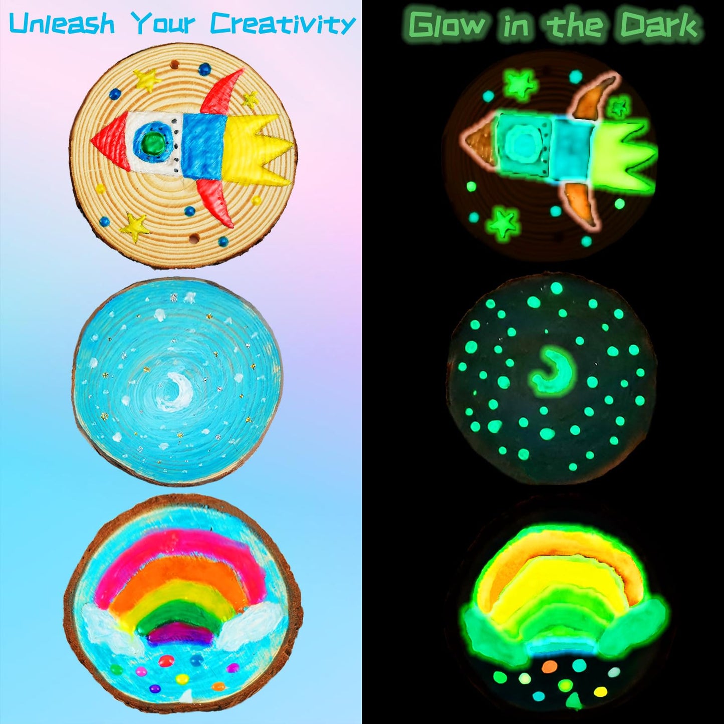 KIRKOTOY Wooden Crafts Kit for Kids-Glow in The Dark-Arts & Crafts Gifts for Boys Girls Age 6-12, 24 Wood Slices with Painting Craft Activities Kits, Creative Art Toys for 6 7 8 9 10 11 12 Year Old