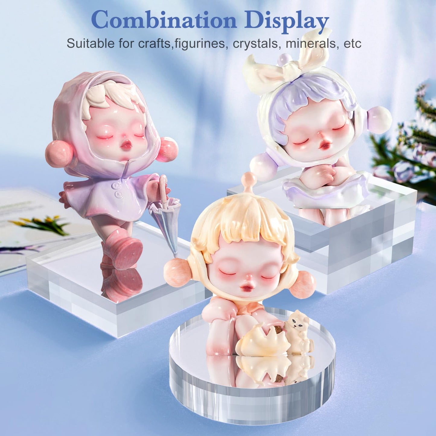 SAMYUCHO Acrylic Blocks 3 X 3 X 1 Inch 4 Pcs Acrylic Base Stand for Display Clear Block Square Riser Display Stands Pedestal Polished Cube for Jewelry trophy Props Collection Ring