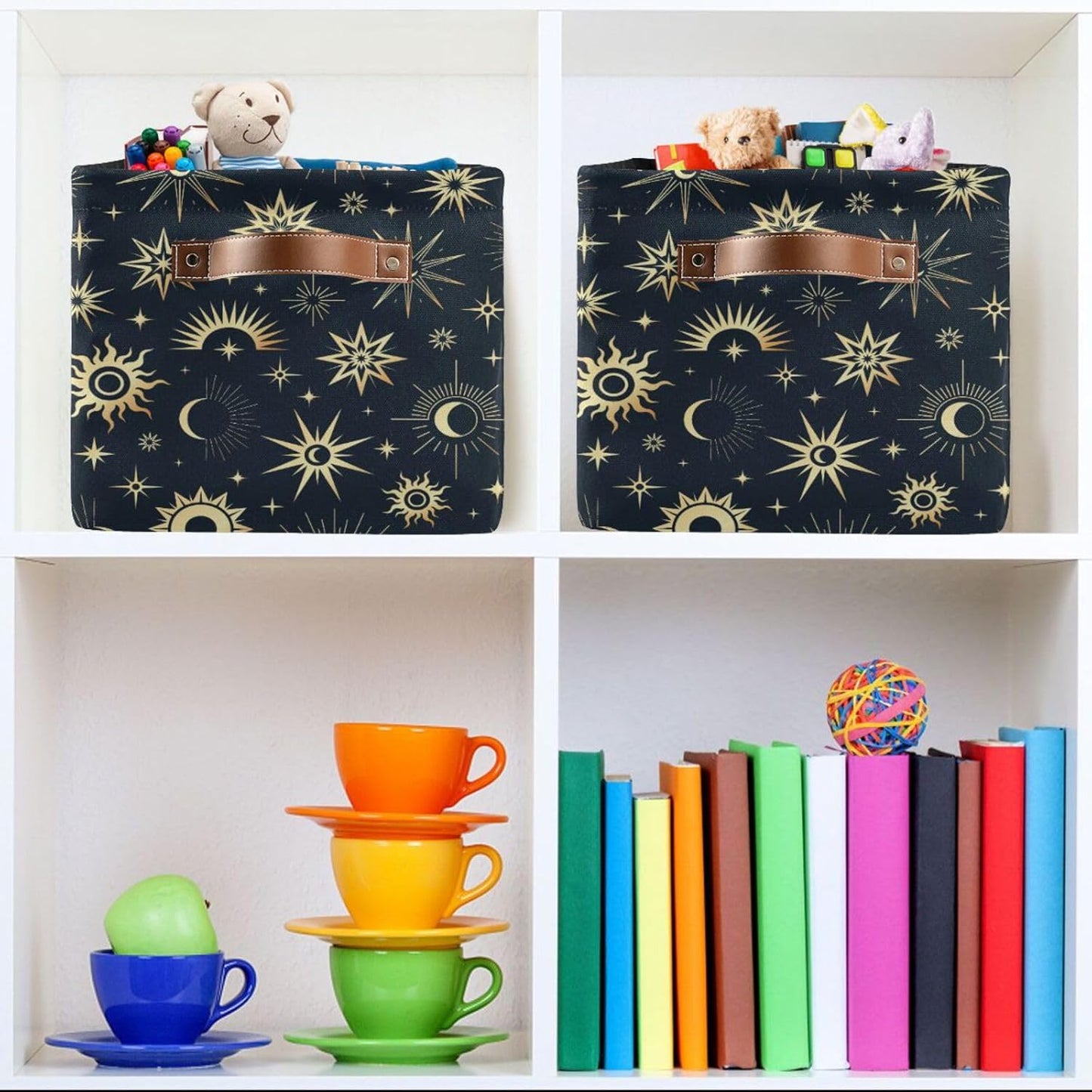 Foldable Canvas Storage Basket with Handles, Sun Moon Star Design, Durable Organizer for Nursery Kids Shelves