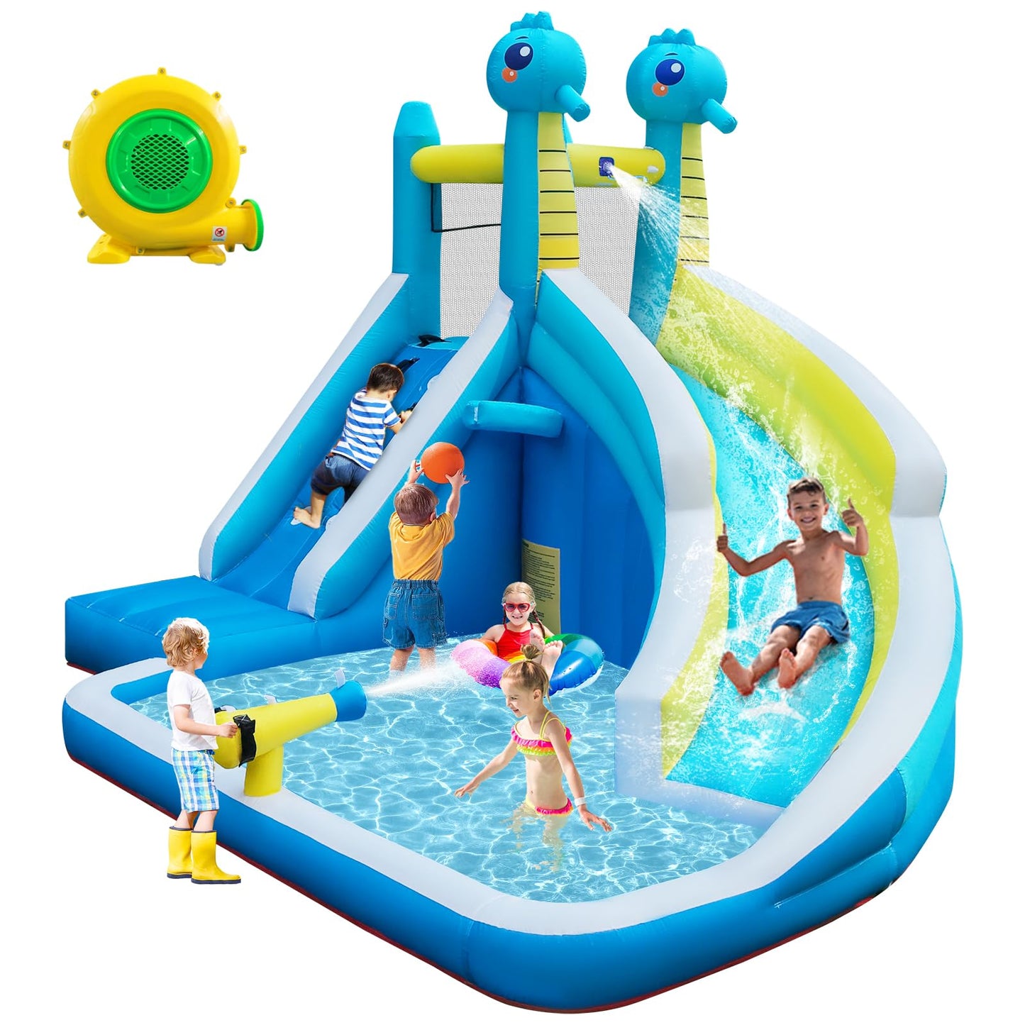 Seahorse Inflatable Water Slide for Kids Backyard | 5-in-1 Blow Up Splash Park with Climbing Wall, WaterSlide, Water Cannon, Basketball Hoop & 480W Blower| Indoor/Outdoor Toys for Ages 3+