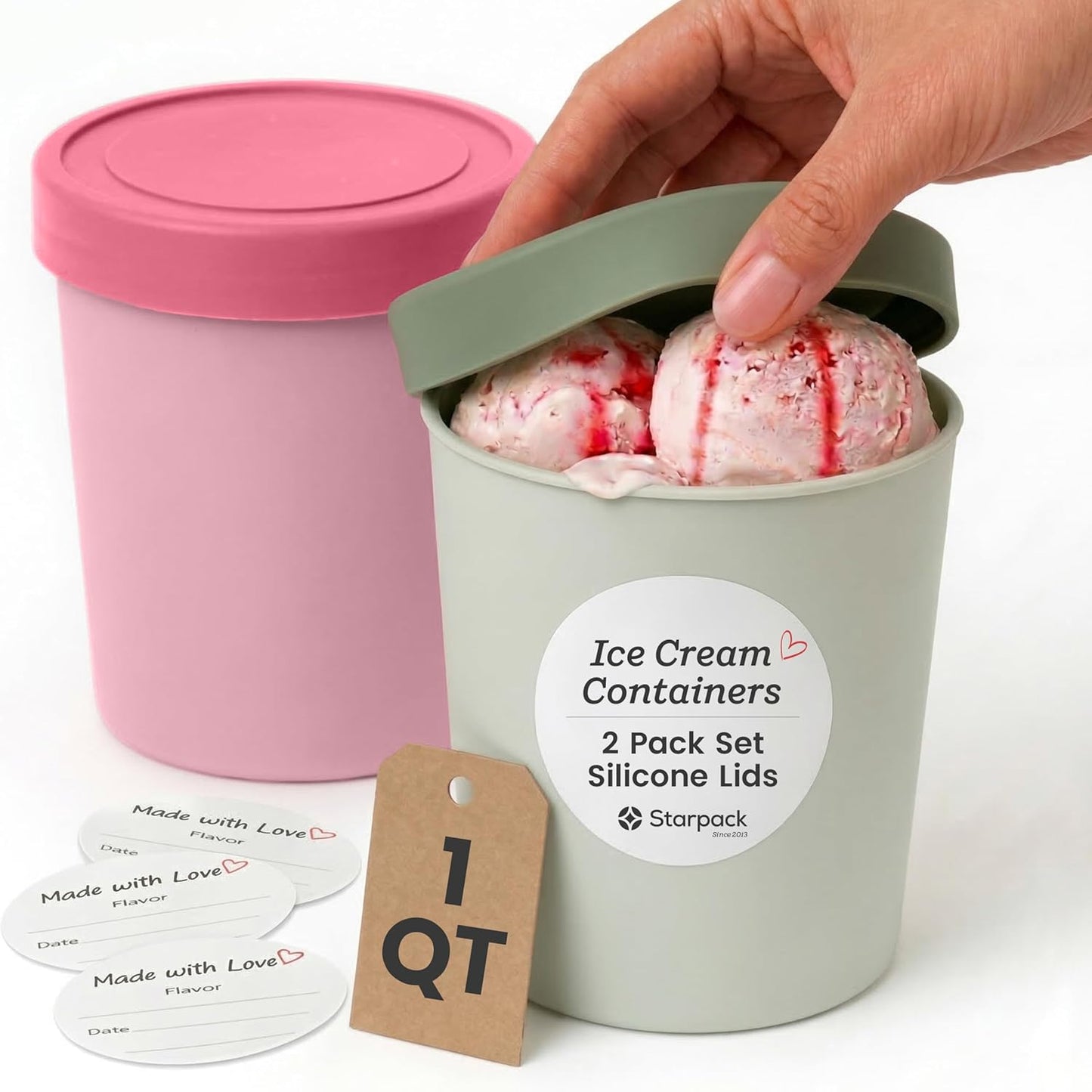 StarPack (2-Pack, 1 'Freeze The Day' Homemade Ice Cream Containers Quart) - Airtight Silicone Lids, BPA-Free Reusable