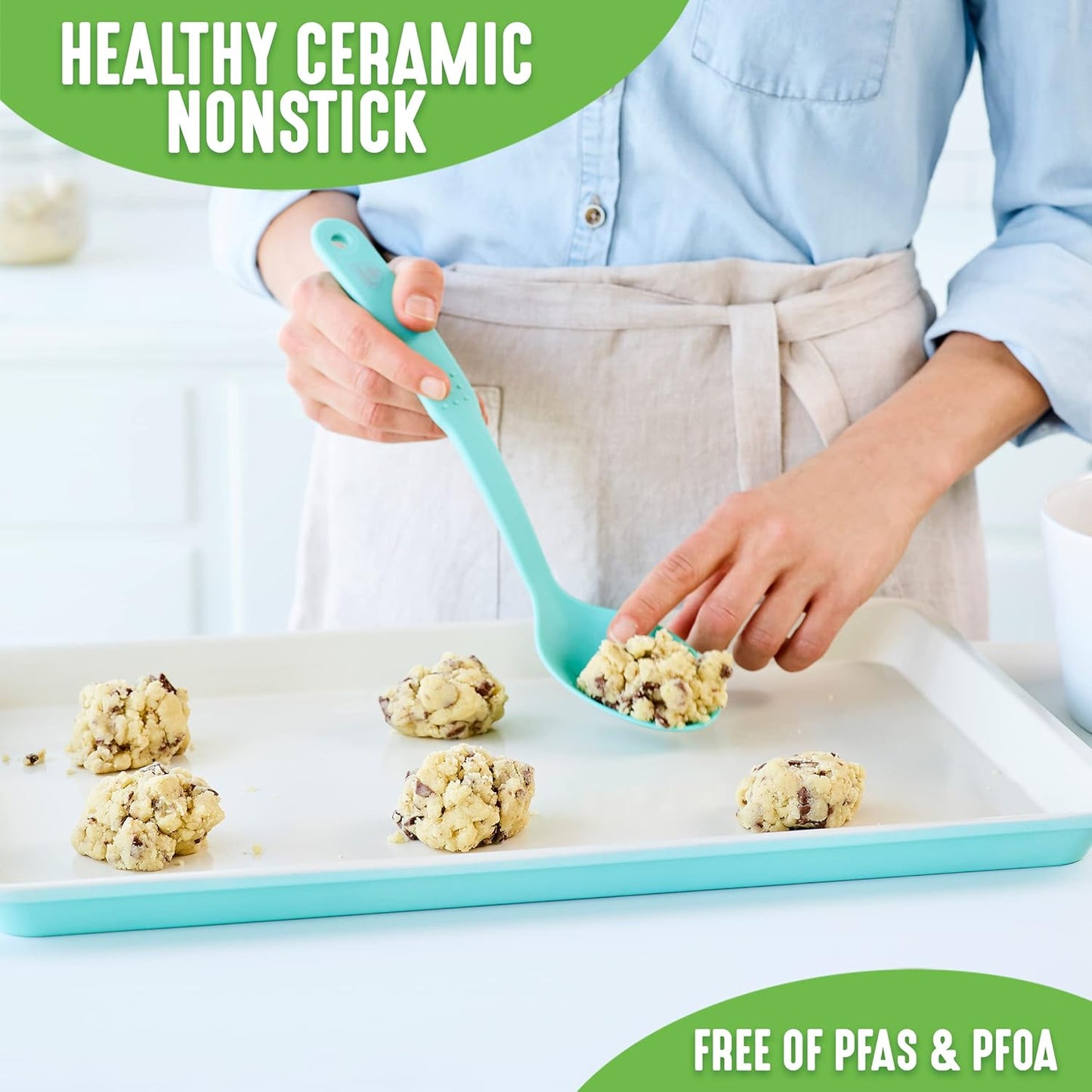 GreenLife 18.5" x 13.5" Healthy Ceramic Nonstick Half Cookie Sheet Baking Pan, PFAS-Free, Turquoise