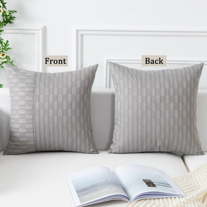 20x20, Set 2, Kevin Textile Grey and Beige Farmhouse Striped Patchwork Linen Decorative Throw Pillows Covers of Modern