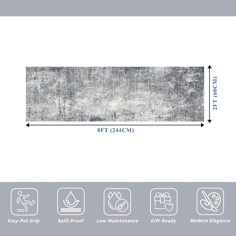 2x8 Washable Non-Slip Hallway Runner Rug – Modern Coastal Abstract Neutral Stain-Resistant Low-Pile Carpet Runner for Kitchen Entryway Bedroom Bathroom (Blue Gray,2x8)