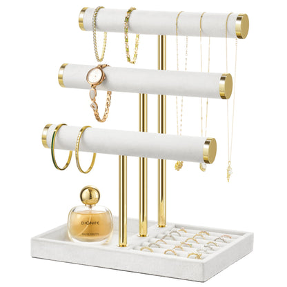 3 Tier Bracelet Holder Display - Detachable T Bar White Velvet Bracelet Holder, Jewelry Holder Organizer for Bracelet, Necklace, Watches, Rings