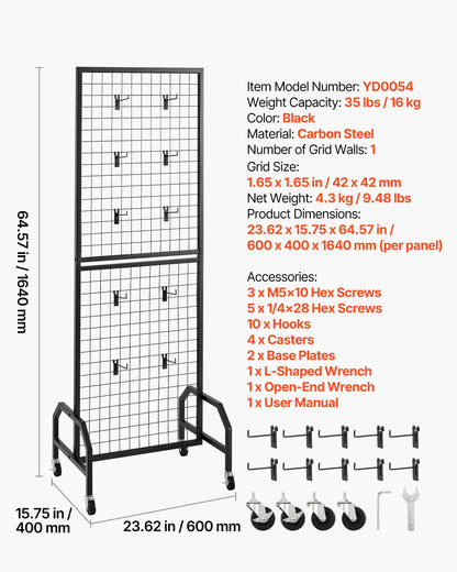 VEVOR Grid Wall Panel, 1.9 x 5.4 ft Wire Grid Panels Display Rack, Movable Art Display Shelf with Wheels and 10 Hooks, Black Carbon Steel Gridwall for Craft Show, Decoration, Storage, Notice Board