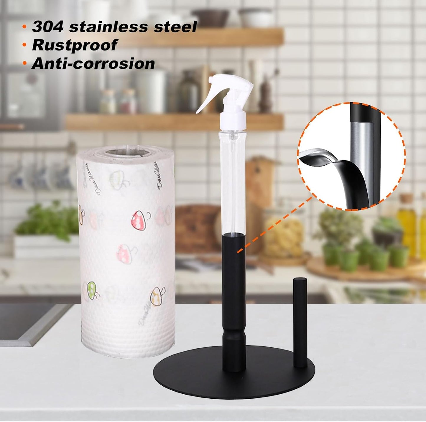 Stainless Steel Paper Towel Holder with Spray Bottle - One Hand Tear Stand for Kitchen Bathroom Countertop