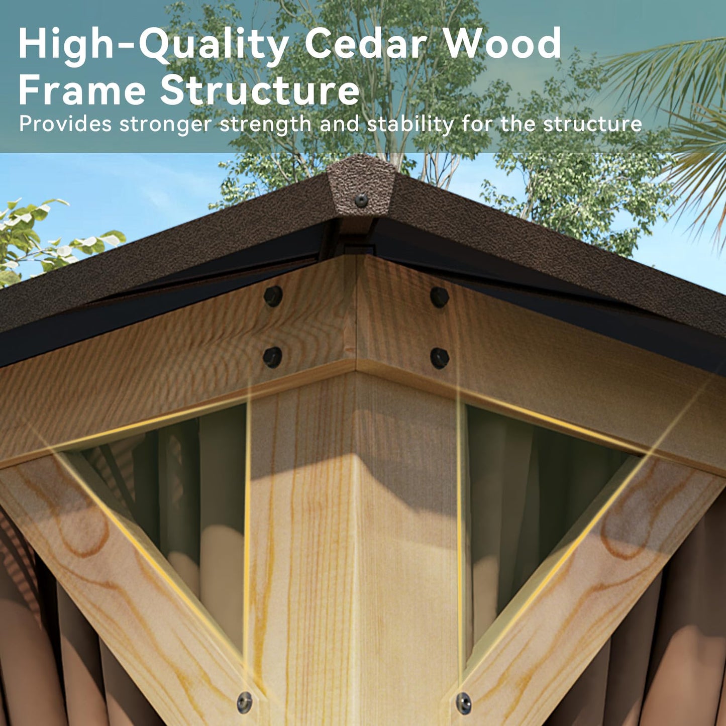 Aoxun 10' x 12' Outdoor Wood Gazebo with Double Polycarbonate Top, Hardtop Gazebo Permanent Wooden Pavilion with Breathable Netting and Privacy Curtain for Patio, Garden, Deck, Cedar Wood, Natural