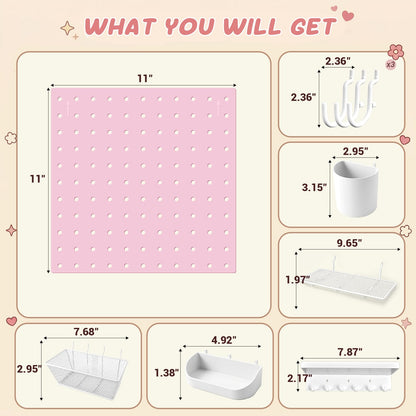 Pegboard Wall Organizer, 4 x11” x 11” ABS Peg Board Wall Organizer with Hooks, Shelves & Baskets, Drill or Adhesive Mount, 110 lbs Heavy Duty Wall Storage for Kitchen, Garage, Bathroom, Office (Pink)