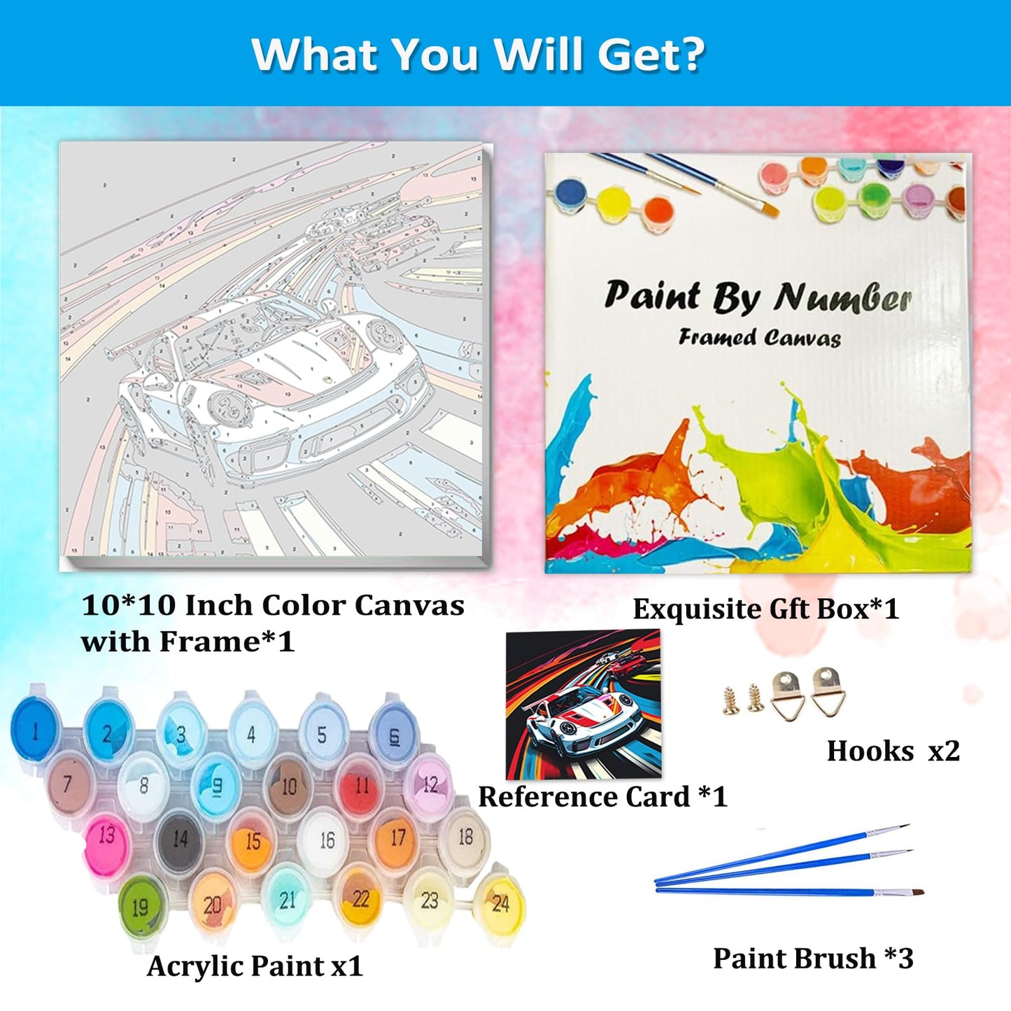 Artunion Framed Paint by Numbers Kit for Adults Beginners & Kids Ages 8-12,Racing Car Paint by Number with Frame,Car Lovers Paint by Numbers Kit on Canvas 10 * 10 Inch Without Easel