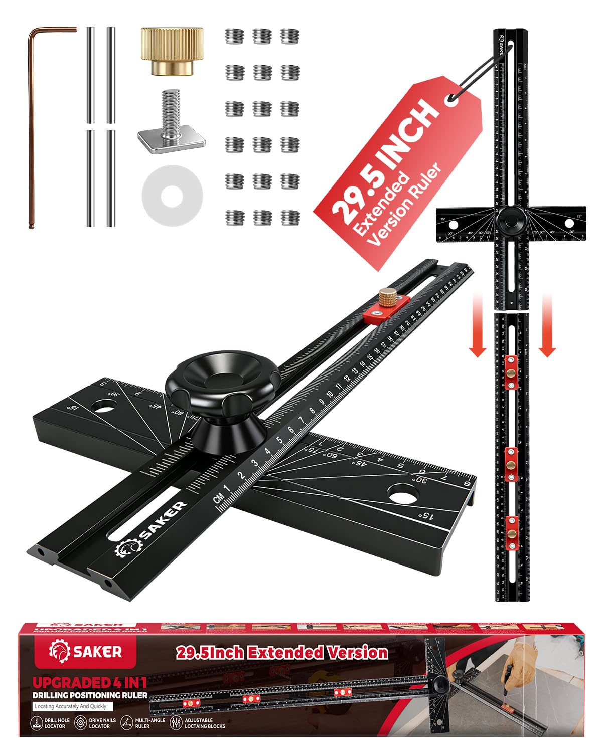Saker 4-in-1 Scriber Marking Line Ruler, 29.5in Spliceable Extended T Square, Precision Line Drawing & Drilling Positioning Tool, Cabinet Hardware Jig with Angle Adjustment for Woodworking