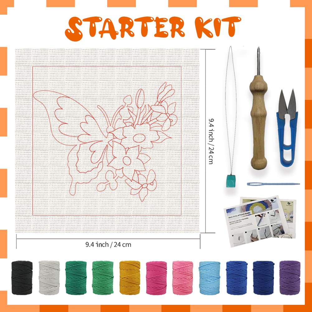 BEUNITONE 2 Sets DIY Punch Needle Kits for Beginners,Butterfly Pre-Printed Pattern,Embroidery Punch Needle Starter Kits for Adults,Includes Pre-Printed Cloth,Yarns,Hoops,Threader and Instructions