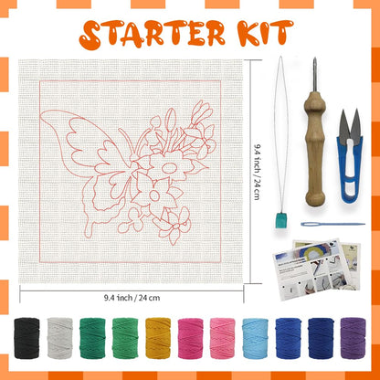 BEUNITONE 2 Sets DIY Punch Needle Kits for Beginners,Butterfly Pre-Printed Pattern,Embroidery Punch Needle Starter Kits for Adults,Includes Pre-Printed Cloth,Yarns,Hoops,Threader and Instructions