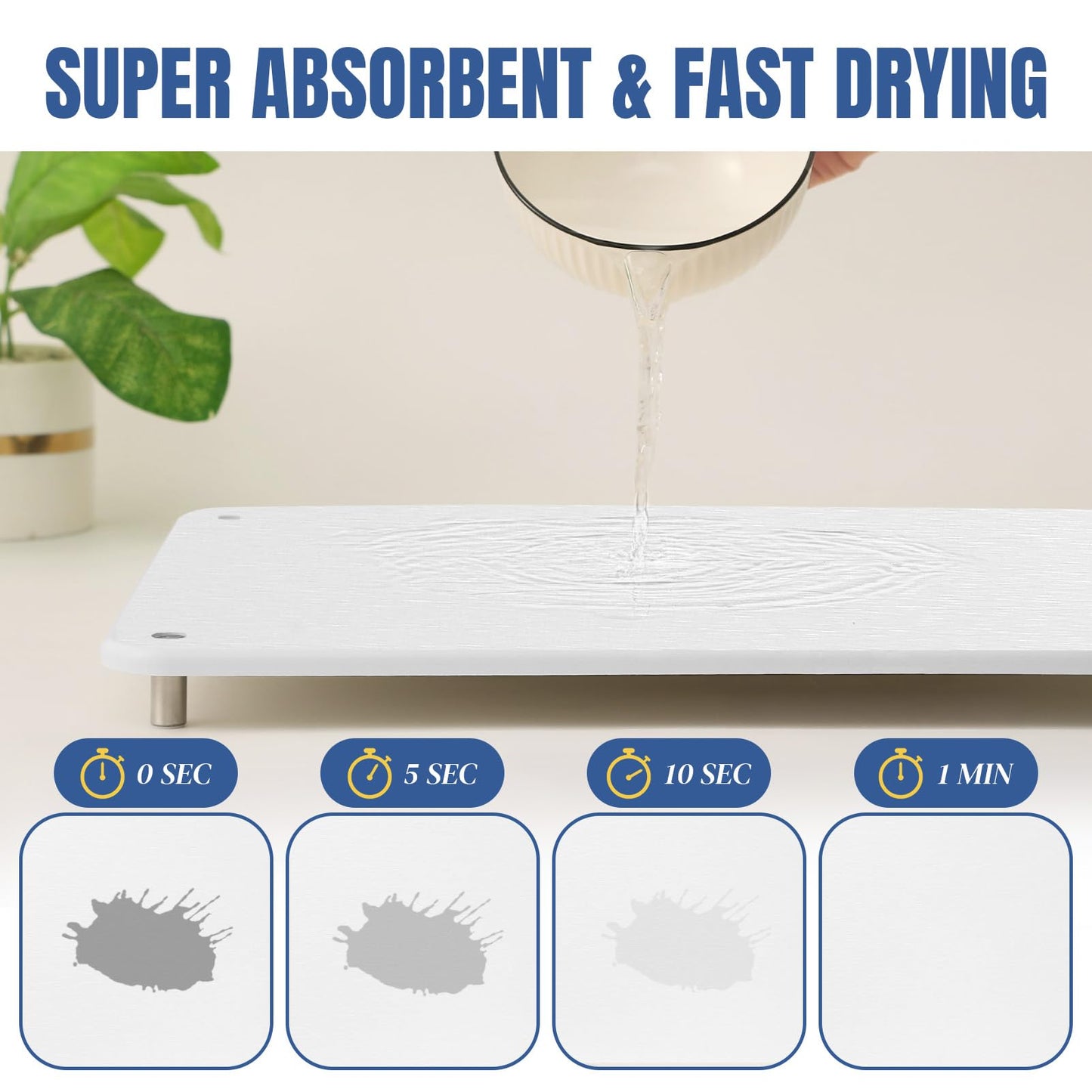 Plentio Stone Drying Mat for Kitchen Counter with Non-Slip Stainless Steel Feet, Quick Drying Diatomaceous Dish Racks for Dishes, Bottles and more, 15.7"(L)×11.8"(W), Cream White