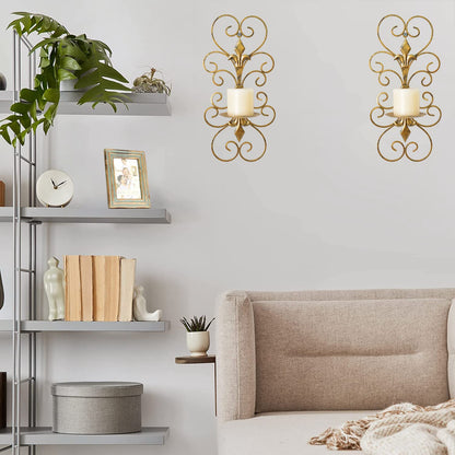 JUCONSIN Set of 2 Wall Sconces Candle Holders Metal Wall Decoration Hanging Wall Mounted Candle Sconces for Home Decor Bedroom Dining Room, Antique Gold
