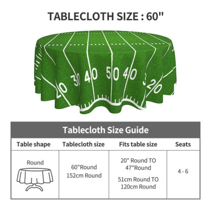 Vrysenium Football Tablecloth Round 60 Inch Green Football Field Table Cloth Circle Sport Themed Table Cover Waterproof Wipeable Polyester Tabletop for Birthday Games Day Party Decorations