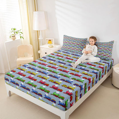 Set 1 Train Bedding Twin,Construction Train Bed Sheets Colorful Cartoon Smoking Steam Engine Fitted Bed Sheet for Kids