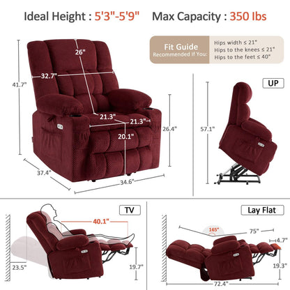 MCombo Dual Motor Power Lift Recliner Chair with Massage and Heat for Elderly People, Infinite Position, USB Ports, Cup Holders, Fabric 7890 (Medium, Burgundy)