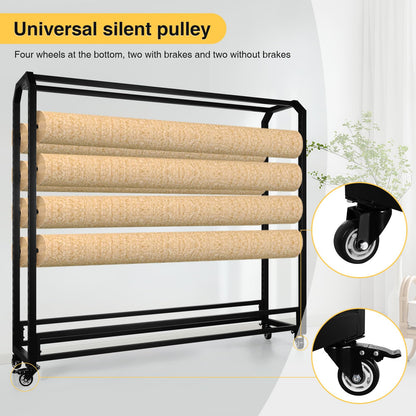 Fabric Roll Storage Rack with Wheel Adjustable Hanging Rod Bracket Display Shelf