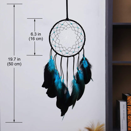 Dream Catcher with Bicolor Mesh, Handmade Dark Tone Dreamcatcher with Black and Turquoise Feather Wall Hanging