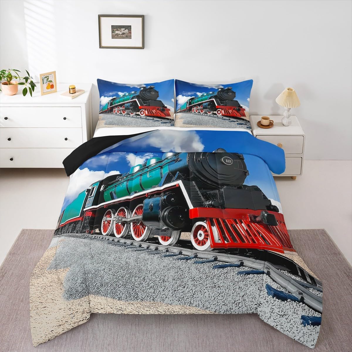 Sets 3D Set Sets 2 Erosebridal Train Comforter Full Size,Boys Steam Engine Bedding Rail Vehicles Duvet for Kids