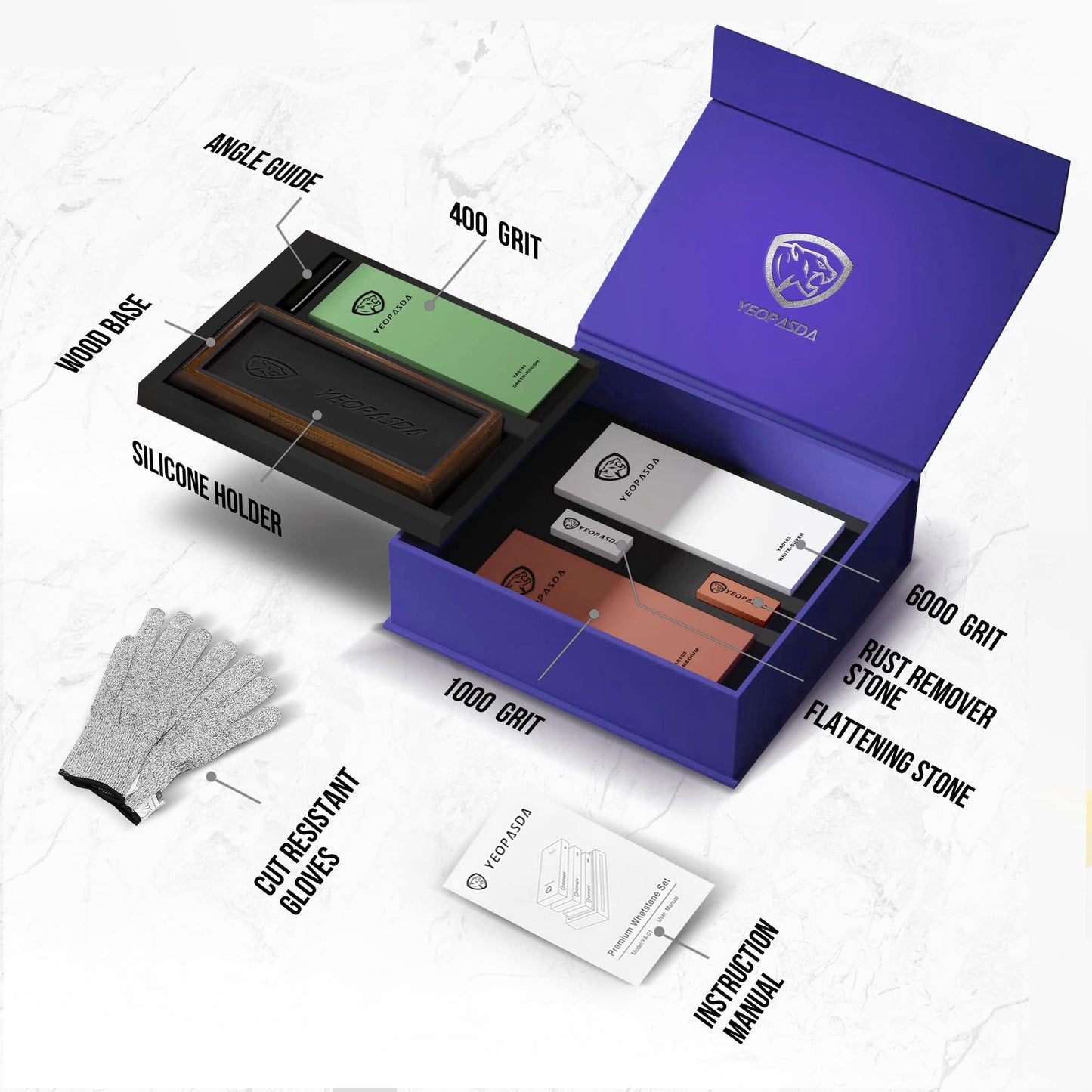 Extra Large Knife Sharpening Stone Kit - YeopAsda Thickered 3 Side Grit 400/1000/6000 Xl Wet Stone - Whetstone Knife Sharpener with Non-Slip Wood Base, Angle Guide, Cut Resistant Gloves