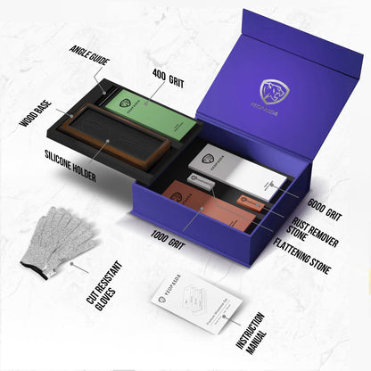 Extra Large Knife Sharpening Stone Kit - YeopAsda Thickered 3 Side Grit 400/1000/6000 Xl Wet Stone - Whetstone Knife Sharpener with Non-Slip Wood Base, Angle Guide, Cut Resistant Gloves