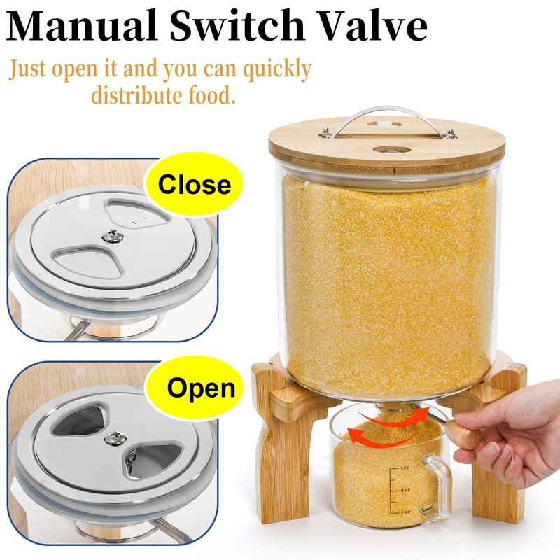 Goaste Glass Rice Dispenser with Bamboo Stand, 5L Flour Cereal Container with Airtight Lid, 8 Lbs Large Grain Food Storage Bucket, Countertop Beans Storage Tank with Measuring Cup & Valve for Dry Food